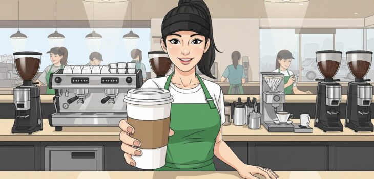 Starbucks barista serving coffee.