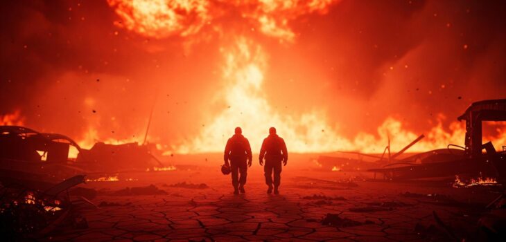 Two figures walking toward a massive explosion.