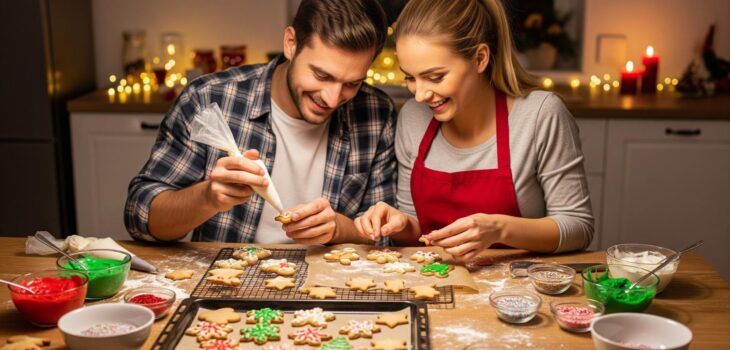 Couple decorating Christmas cookies together