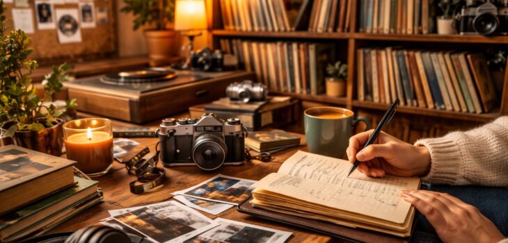 Analog maximalism anti-AI aesthetic with vinyl records, film camera, and books