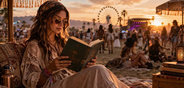 Coachella 2026 festival attendees carrying books as part of the festival fiction trend