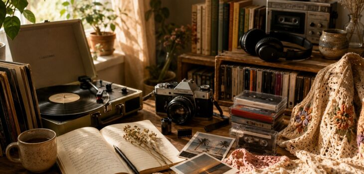 analog living trend in 2026 featuring vinyl records film cameras and handcrafted fashion
