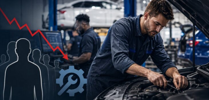 automotive technician working on complex vehicle as dealerships face growing skilled worker shortage